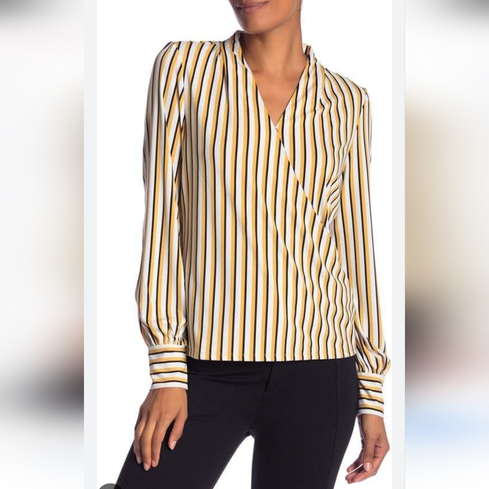 Adrianna Papell Faux Wrap V-neckline Yellow Long Sleeve Blouse Size Small